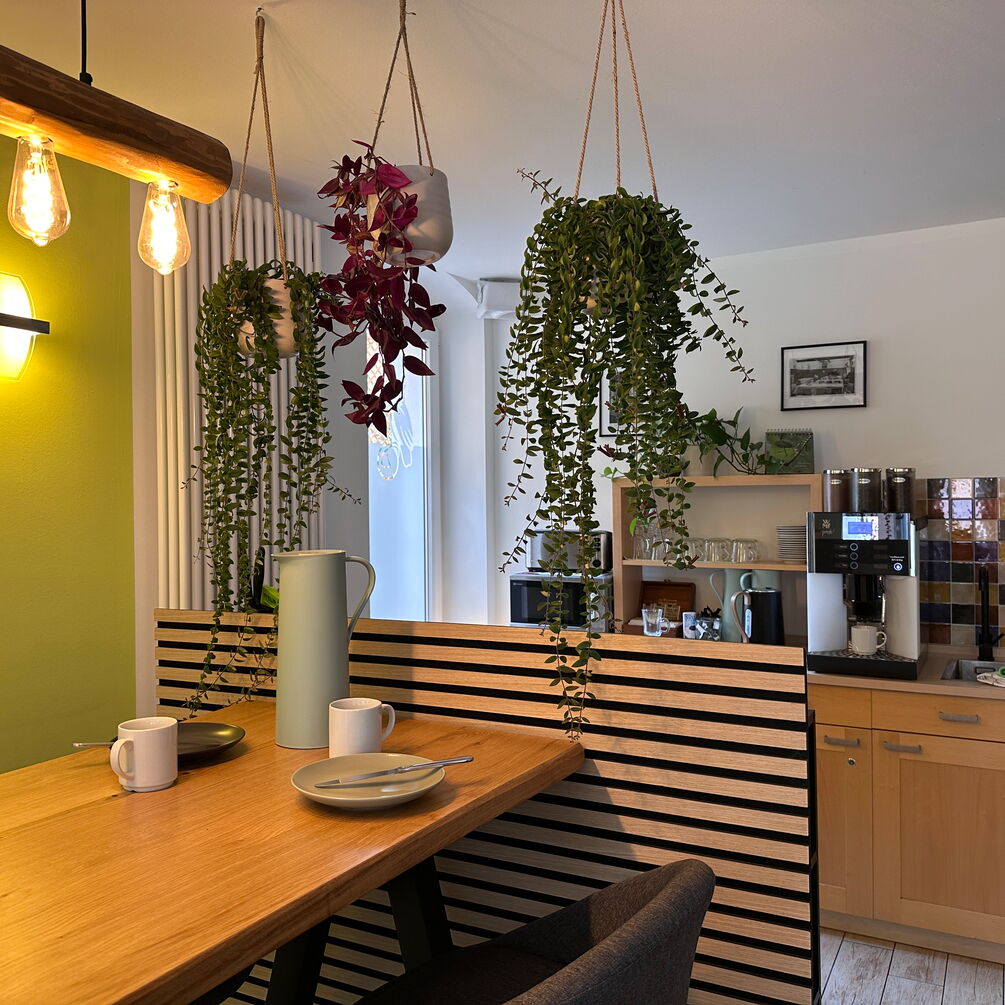 Sigl's Bad Schandau - Gäste Lounge Küche mit Kaffeemaschine, Mikrowelle, Toaster, Geschirr, Bartisch
